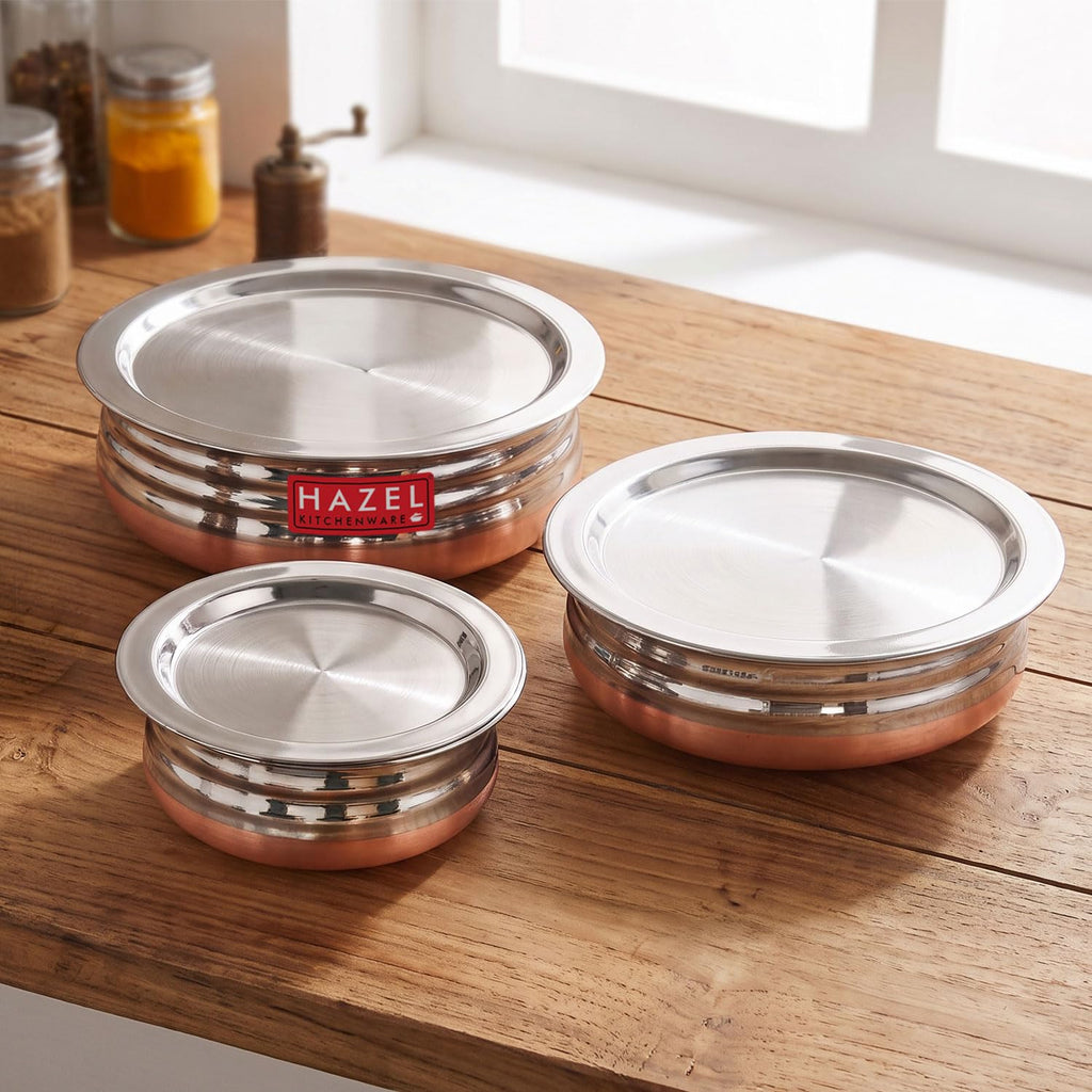 HAZEL Stainless Steel Kitchen Set with Lid | Copper Bottom Serving Bowl Set of 3, 800 ml, 1200 ml, 1600 ml with I Stainless Steel Vessels Tasra Kadai, Silver and Copper
