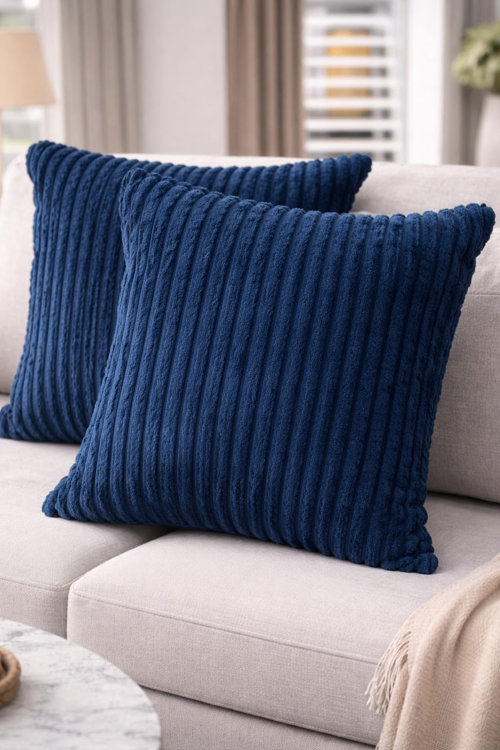 AWARD VELVETS Premium Faux Rabbit Fur Plush Luxury Soft Fluffy Striped Decorative Throw Pillow/Cushion Covers for Sofa, Couch, Living Room - (Navy Blue, 24 x 24 inch) Set of 1