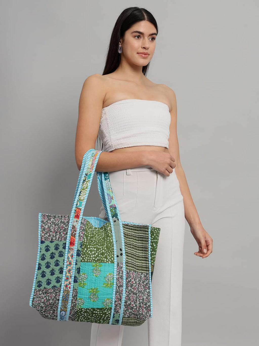 Ravaiyaa - Attitude is everything Patchwork Quilted Tote Bag Women Reversible Shoulder Bag Cotton Carry Bag Multipurpose Tote Bags (Turquoise)