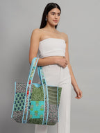 Ravaiyaa - Attitude is everything Patchwork Quilted Tote Bag Women Reversible Shoulder Bag Cotton Carry Bag Multipurpose Tote Bags (Turquoise)