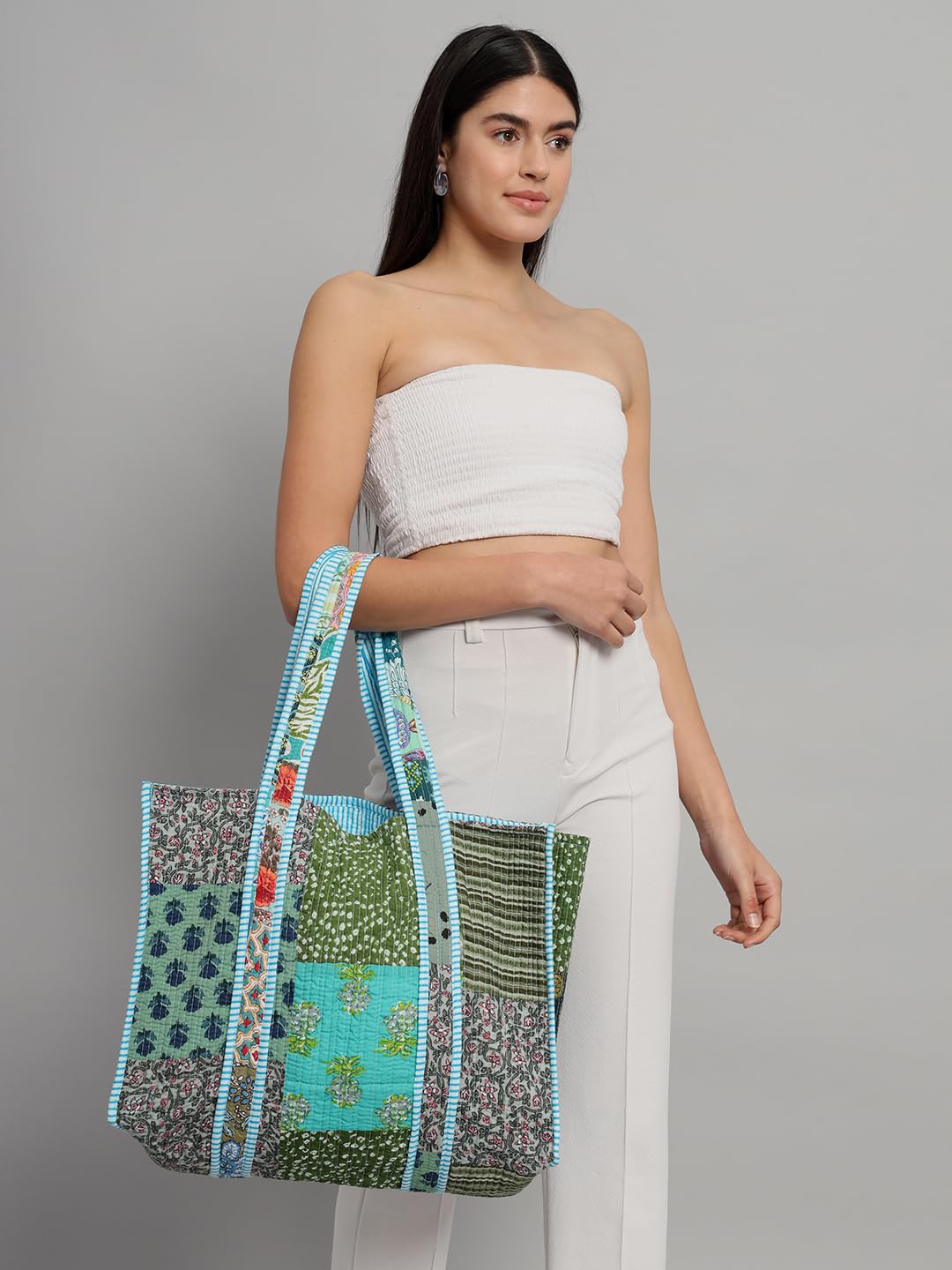Ravaiyaa - Attitude is everything Patchwork Quilted Tote Bag Women Reversible Shoulder Bag Cotton Carry Bag Multipurpose Tote Bags (Turquoise)