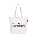 AQVA Printed Cotton Canvas Tote Bag For Women & Collage Girls | Trendy Stylish Multipurpose Handbag With Zipper | Shoulder Bag For Shopping, Beach, Travel, Work With Inside Pockets (Bonjour), White