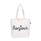 AQVA Printed Cotton Canvas Tote Bag For Women & Collage Girls | Trendy Stylish Multipurpose Handbag With Zipper | Shoulder Bag For Shopping, Beach, Travel, Work With Inside Pockets (Bonjour), White