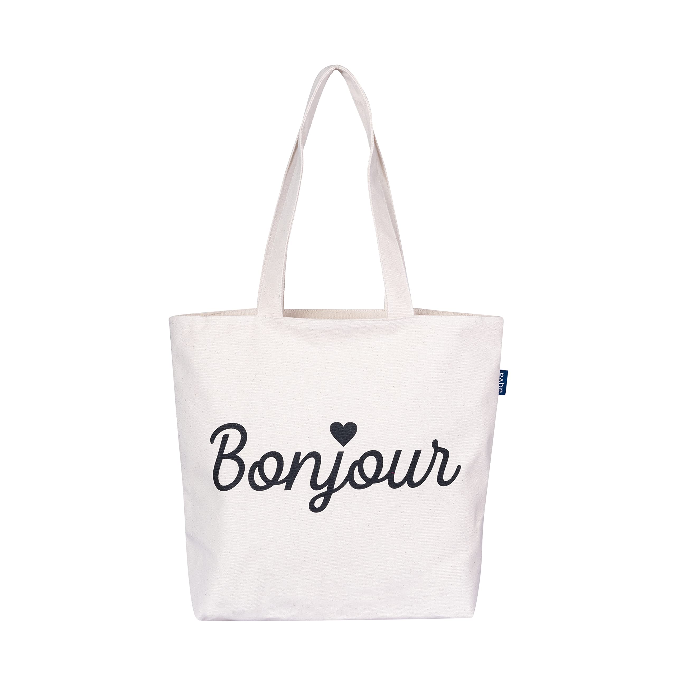 AQVA Printed Cotton Canvas Tote Bag For Women & Collage Girls | Trendy Stylish Multipurpose Handbag With Zipper | Shoulder Bag For Shopping, Beach, Travel, Work With Inside Pockets (Bonjour), White