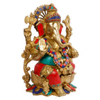 ARTVARKO Ganesha Idol Brass with Multicolor Stone Handwork Ganesh Bhagwan Large Statue God Ganpati Murti 12 Inch