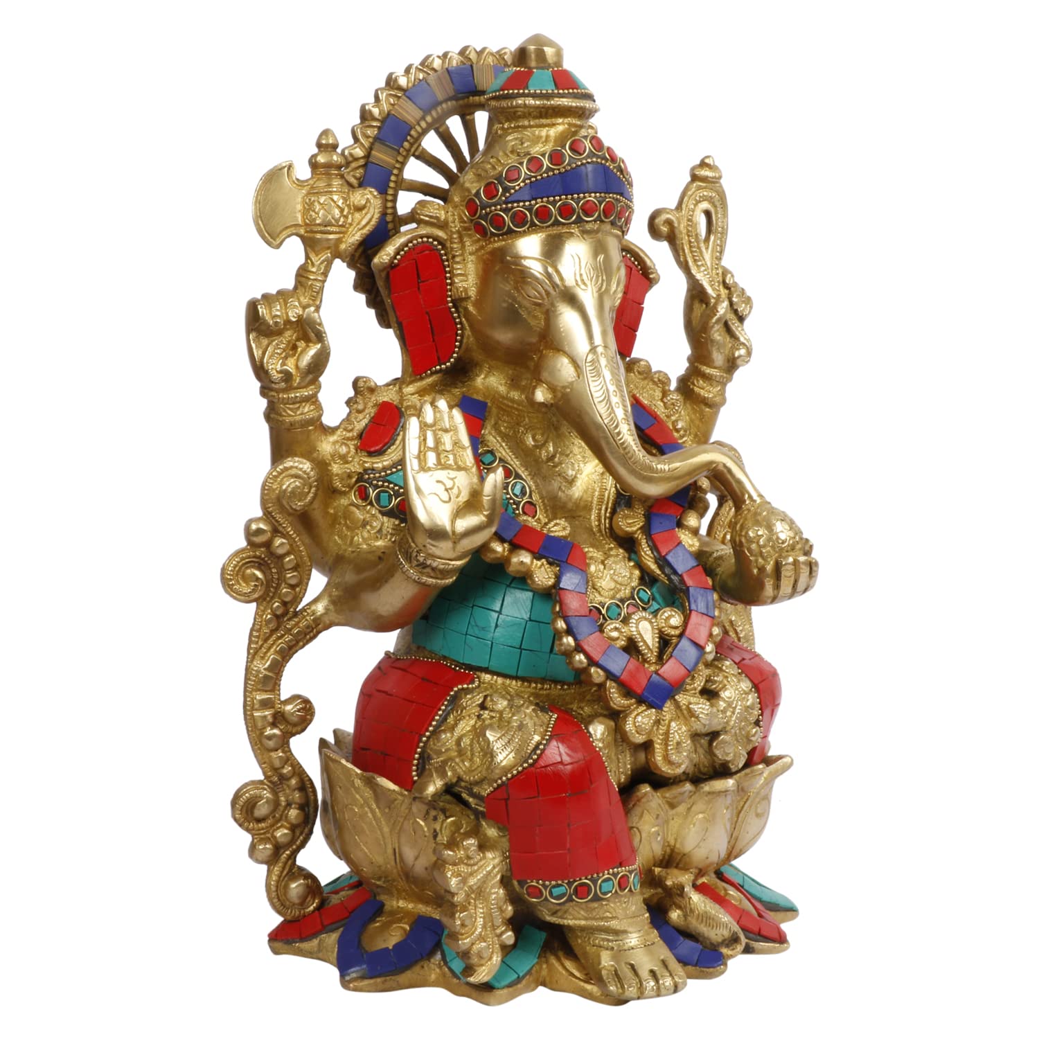 ARTVARKO Ganesha Idol Brass with Multicolor Stone Handwork Ganesh Bhagwan Large Statue God Ganpati Murti 12 Inch