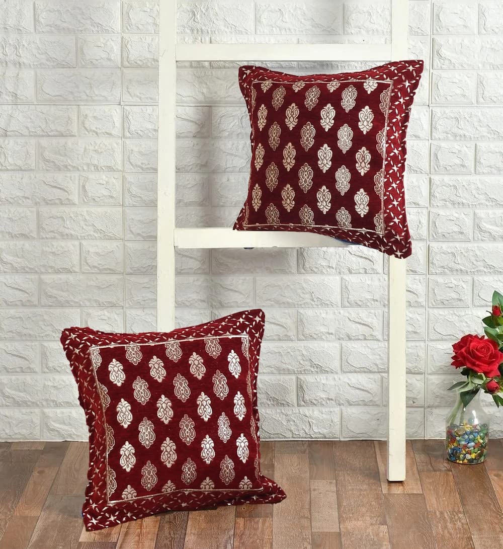DECOMIZER Jacquard Geomteric Cushion Covers 16 inch x 16 inch Set of 2 Ethnic Motifs Cushion Covers,Design- Ambi,Color- Maroon-240 TC
