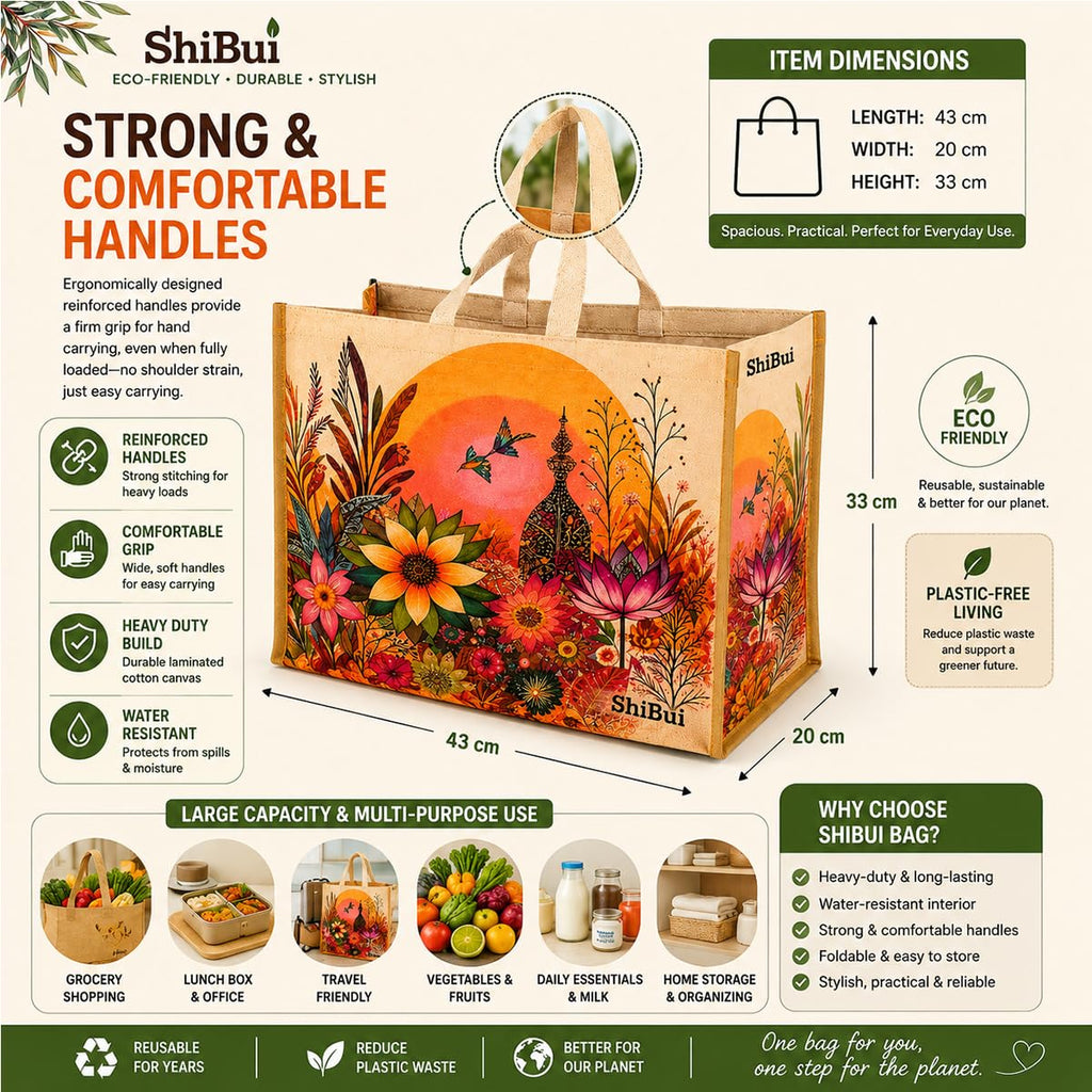 SHIBUI Big Heavy Duty Large Eco Waterproof Cotton Canvas Cloth Grocery Shopping Bag for Men Ladies Vegetable Milk Fruits with Hand Carry Handle Lunch Box Jhola Tote Bags (6, Flower Print)