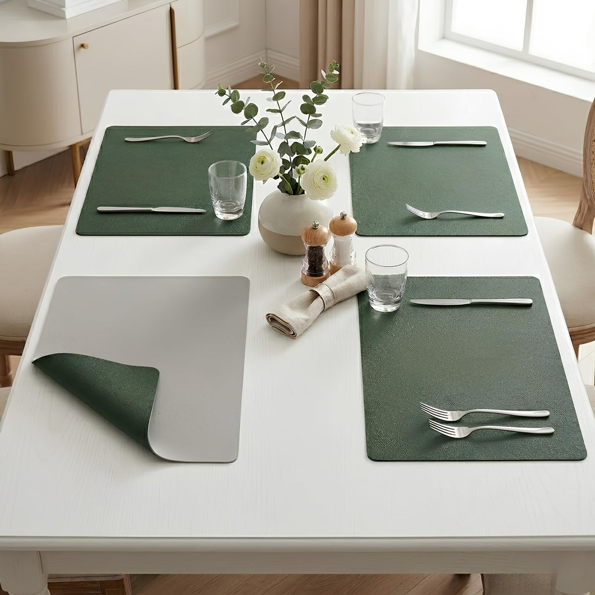 Upaado Premium Double-Sided PU Leather Placemats Set of 4 | Reversible Dark Green & Grey Table Mats | Waterproof Heat Resistant Dining Table Mats | Easy to Clean Non-Slip Placemats |45 x 30 cm Kafalo