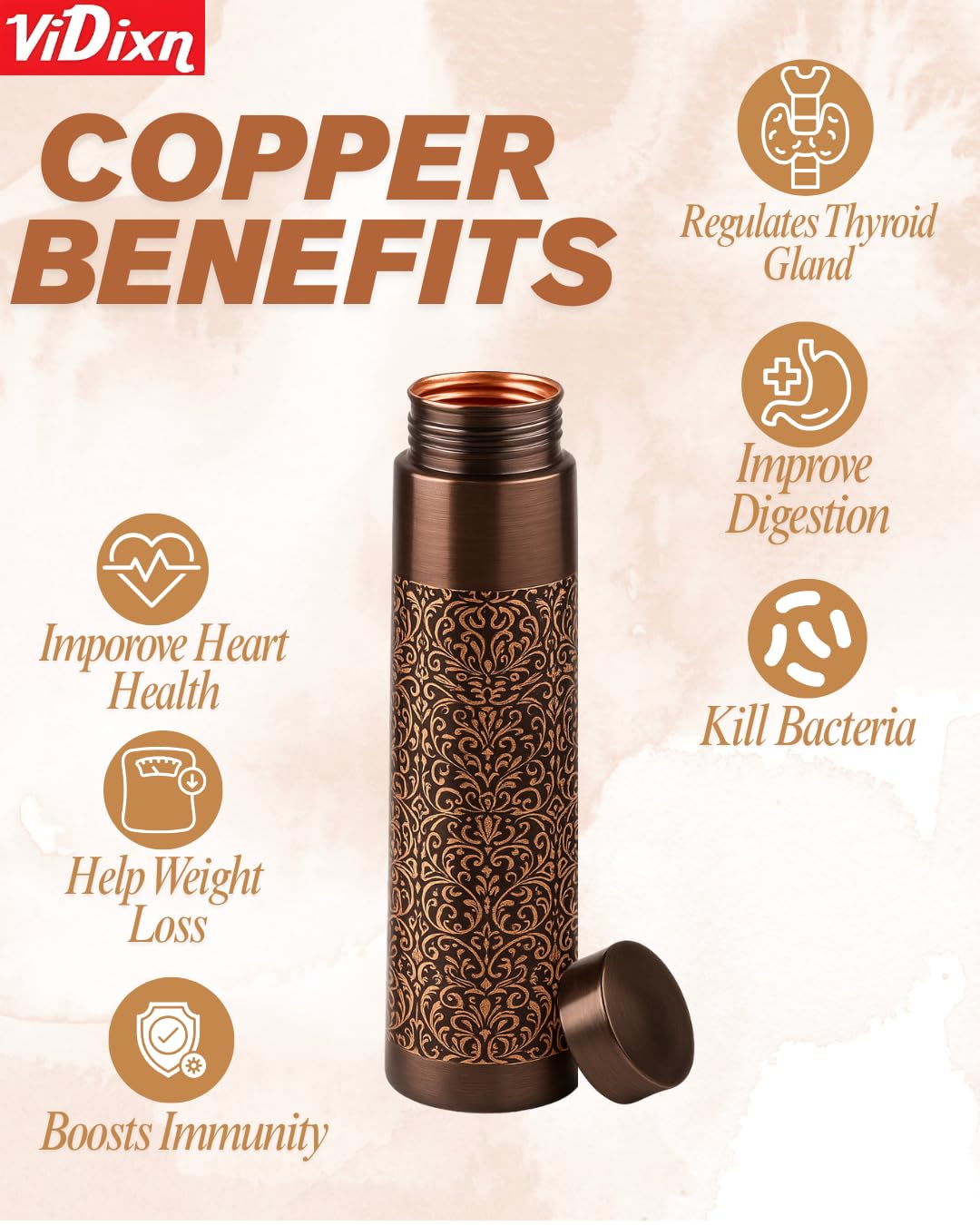 viDixn 100% Pure Copper Water Bottle 950ml – Ayurvedic Leak-Proof Copper Bottle for Drinking Water – Handcrafted Mandala Design – BPA-Free & Eco-Friendly – Improves Immunity & Digestion (Cofy_Tower)