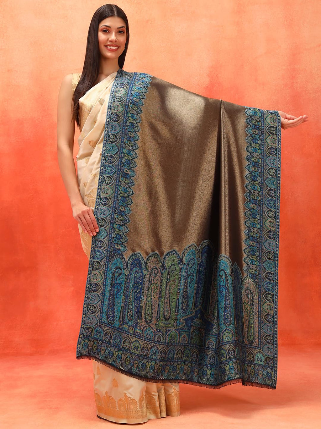 Pashmoda Women Zarvash Fine Wool Kaani Shawl, Authentic Kashmiri Luxury Pashmina Style Shawl, Stole, Medium Gents Lohi, Size (40x80 Inches, Blue Color) MZSS06