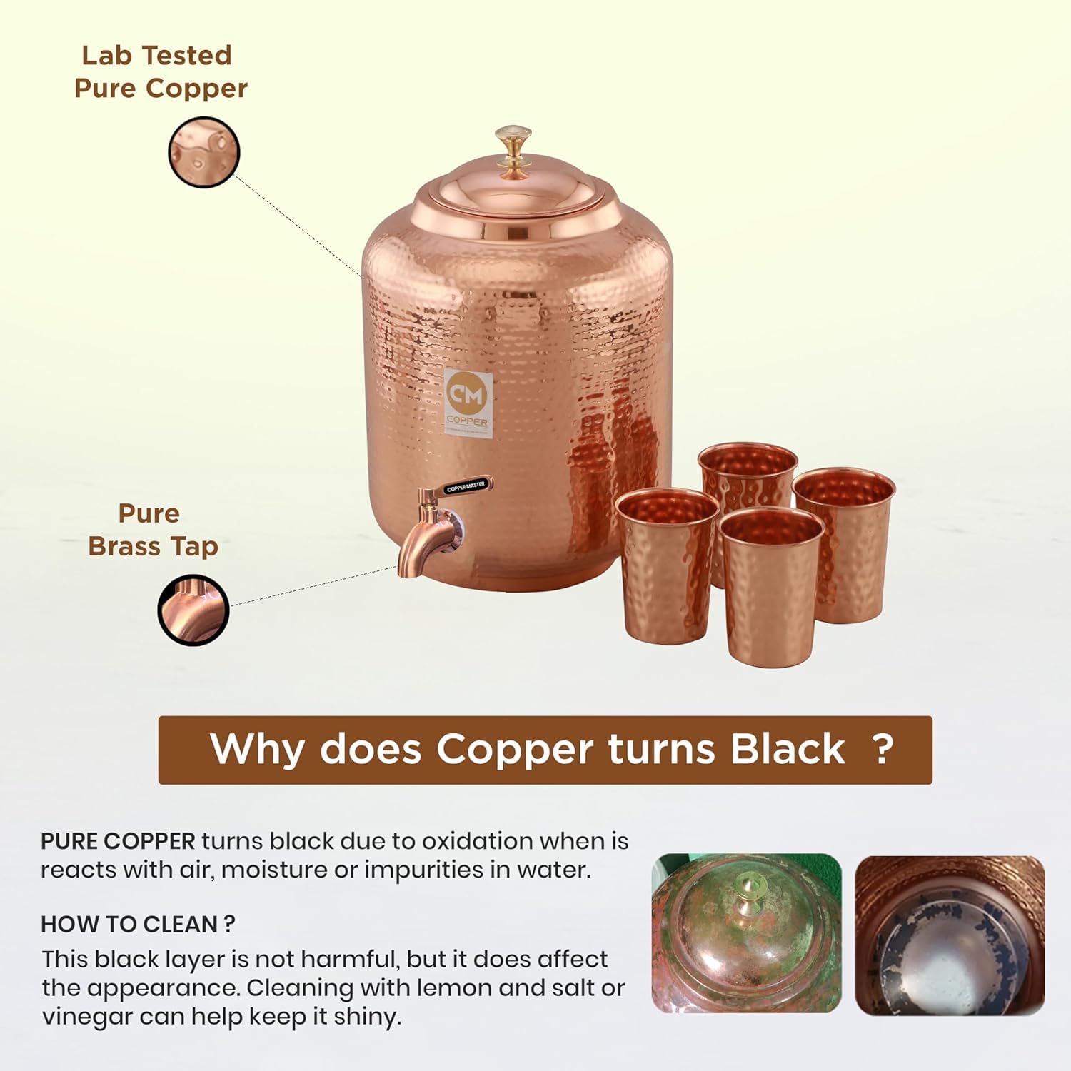 Copper-Master 18 Litre Hammered Copper Water Dispenser (Matka) Container Pot with 4 Copper Glasses Pure Copper and Ayurvedic Health Benefits (18000 ml + 1200 ml)