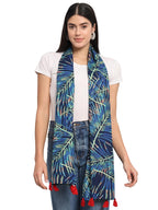 Ravaiyaa - Attitude is everything Women Blue & Green Hand Block Leaf Printed Cotton Tasseled Scarf 71 X 21 Inch