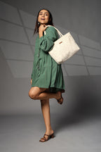 ENSAC Premium Cotton Tote Bag for Women, Stylish Handbag for women with Zip Closure | Fit for Office Bag, College, Travel Use | Handcrafted in India (Cutwork-tote-big) (Cutwork-Beige)