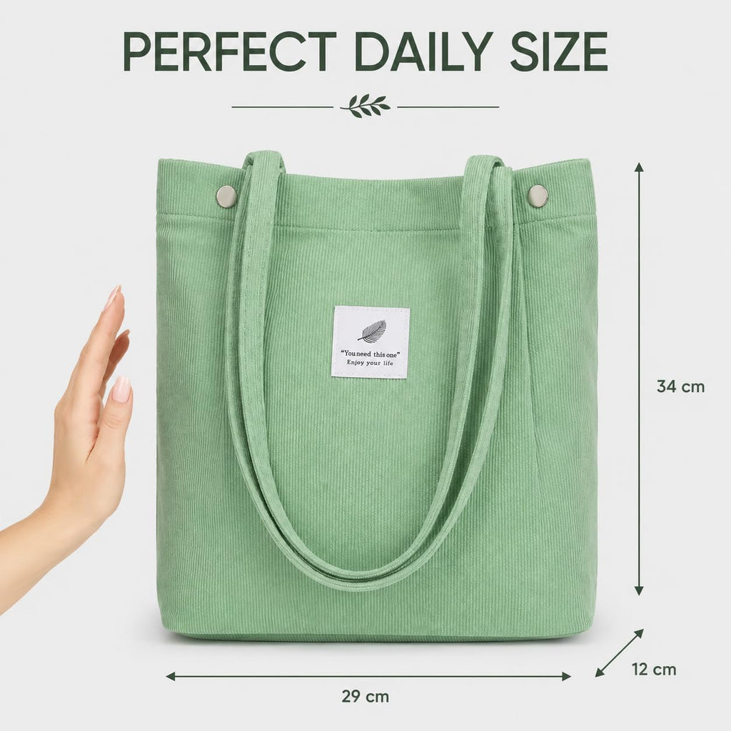 Street27 Korean Canvas Corduroy Tote Bag Casual Work Shoulder Handbags, Multi-Purpose Bag, Sturdy Canvas Bag With Large Capacity, Shopping Bag For Office, College & Daily Use (Light Green, Womens)