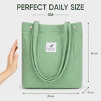 Street27 Korean Canvas Corduroy Tote Bag Casual Work Shoulder Handbags, Multi-Purpose Bag, Sturdy Canvas Bag With Large Capacity, Shopping Bag For Office, College & Daily Use (Light Green, Womens)