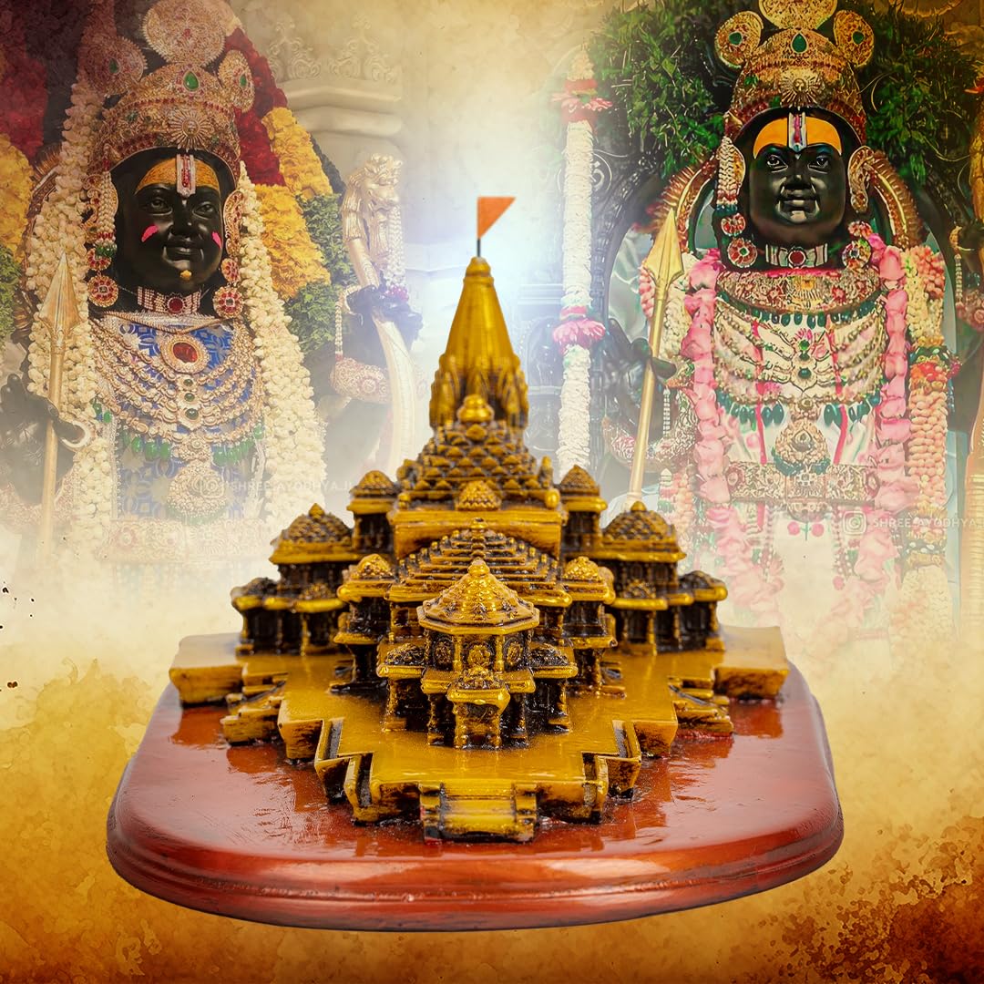 B.S HANDICRAFTS Polyresin Ram Mandir Ayodhya Model, Ayodhya Ram Mandir 3D Model Figurine Statue for Home Decor, Decorative Item, Car Dashboard Accessories, Color Gold