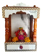 Wooden Home Temple Mandir with Decorative Border, Traditional Design with Pillars, White and Brown