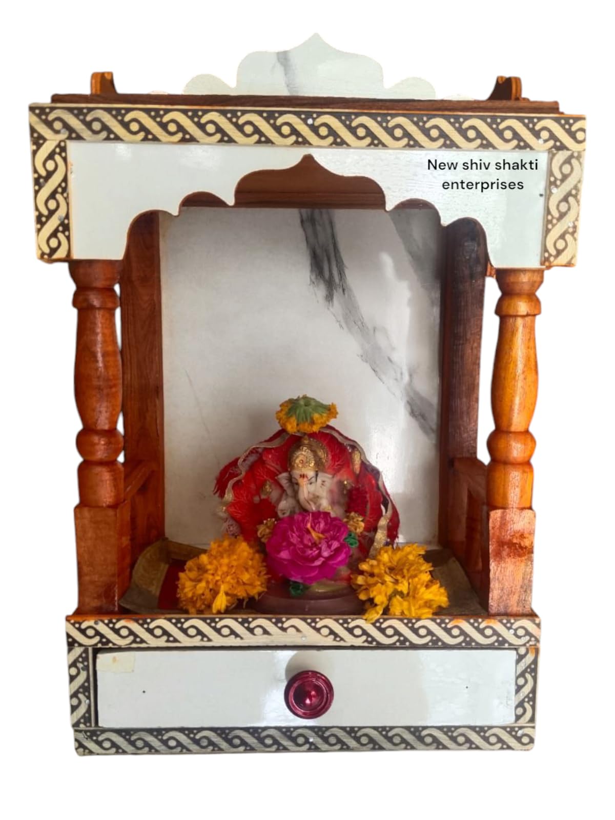 Wooden Home Temple Mandir with Decorative Border, Traditional Design with Pillars, White and Brown