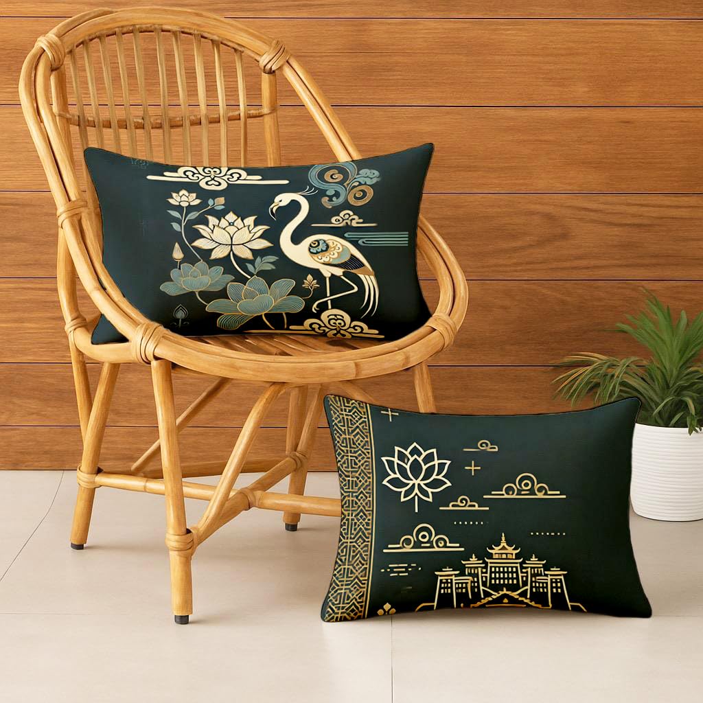 STITCHNEST Satin Cushion Covers with, Lotus & Gold Detailing – 12x18 Inch Decorative Pack of 2 for Living Room, Drawing Room, or Modern Ethnic Home Decor