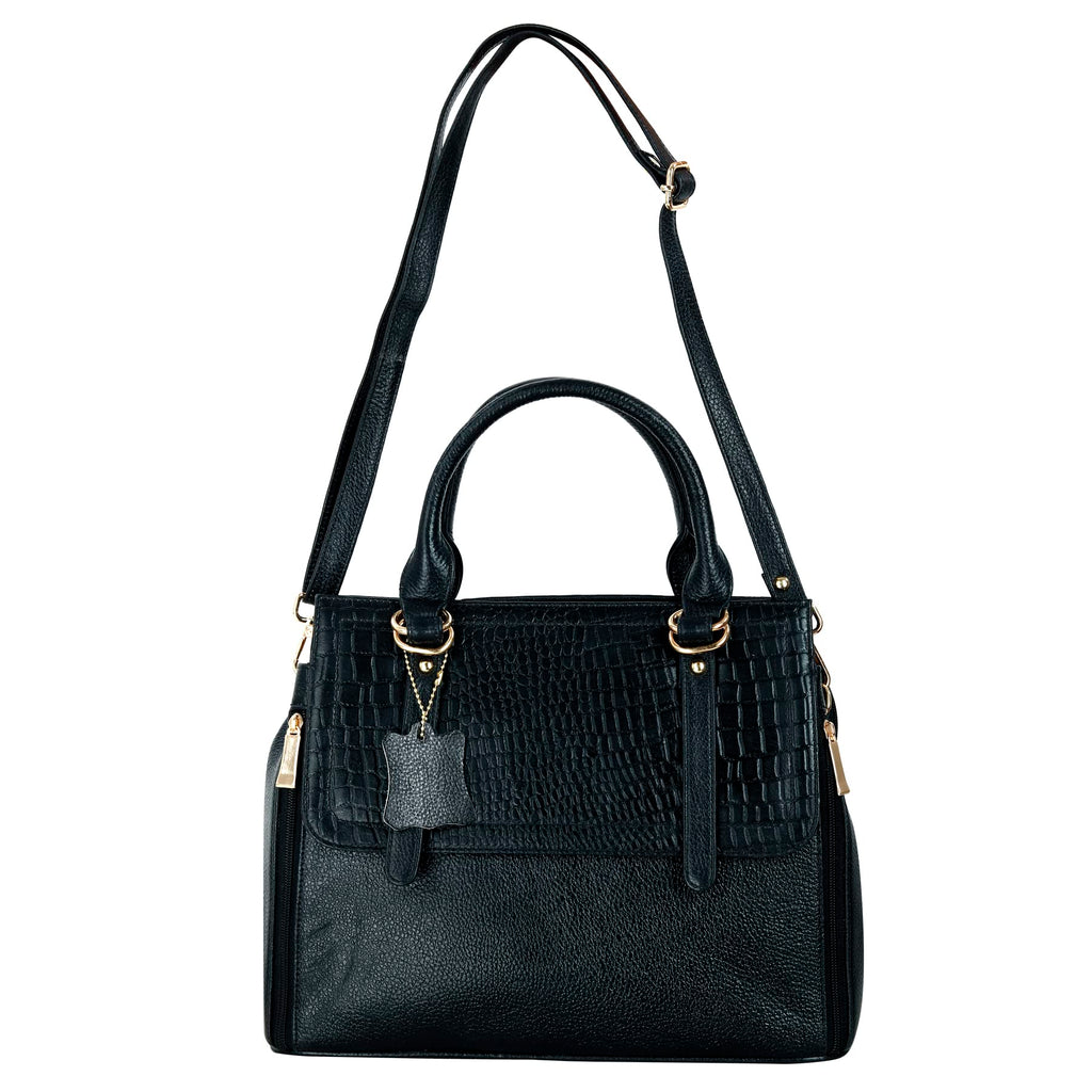 RICHSIGN LEATHER ACCESSORIES Full-Grain Natural Leather Top-Handle satchel Tote Ladies Handbags & Shoulder Sling Bags For Women Office Branded Stylish Latest Size-L-11 X H-10 x W- 5 In (BLACK)