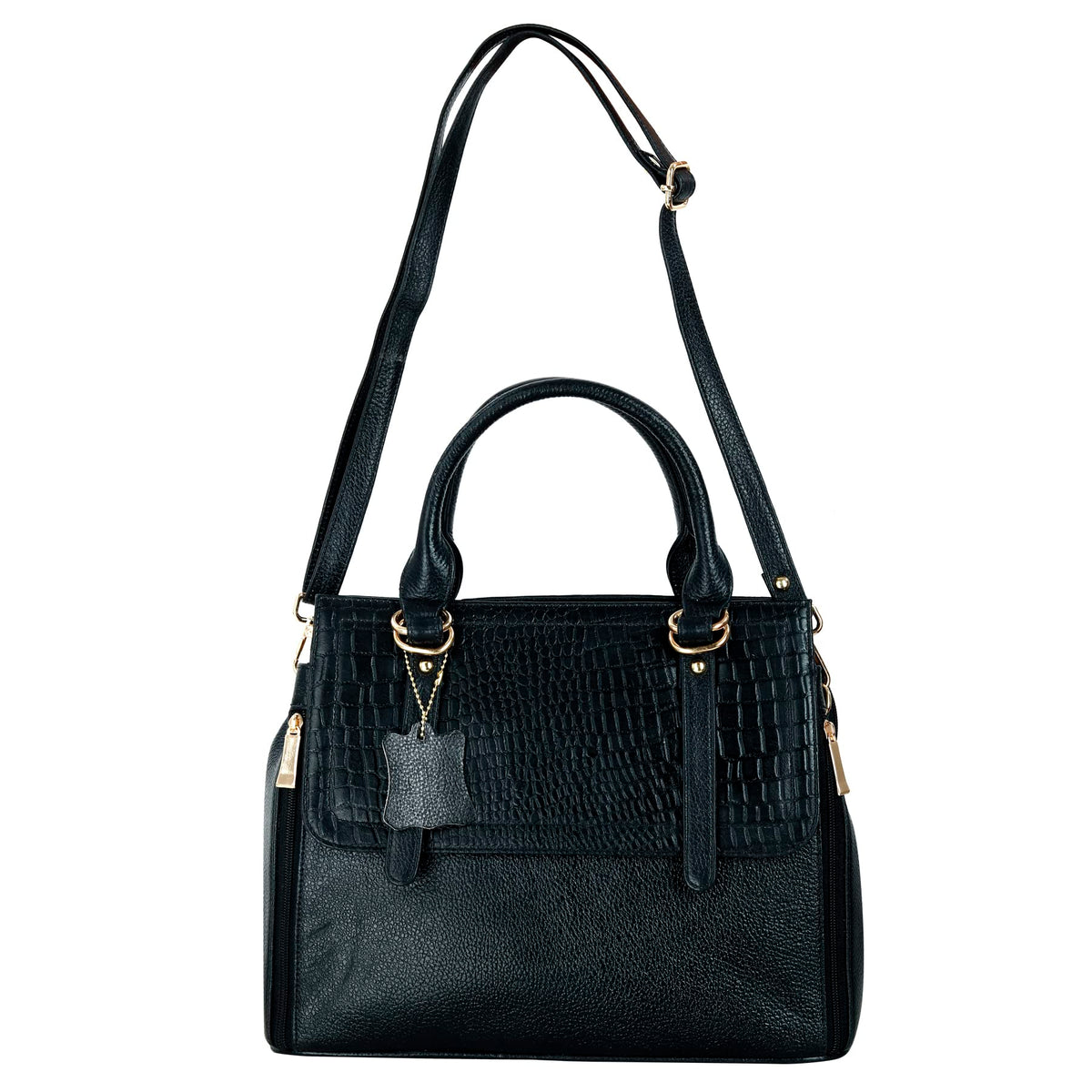 RICHSIGN LEATHER ACCESSORIES Full-Grain Natural Leather Top-Handle satchel Tote Ladies Handbags & Shoulder Sling Bags For Women Office Branded Stylish Latest Size-L-11 X H-10 x W- 5 In (BLACK)