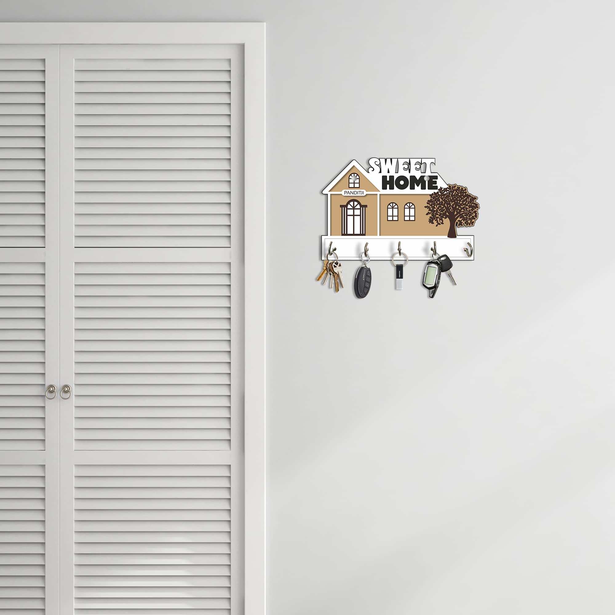 Artvibes Unique Stylish Wooden Key Holder for Wall Decor with Stylish Stainless Steel 5 Hooks Beautiful Key Organizer for Home Decoration(KH_812), Cream