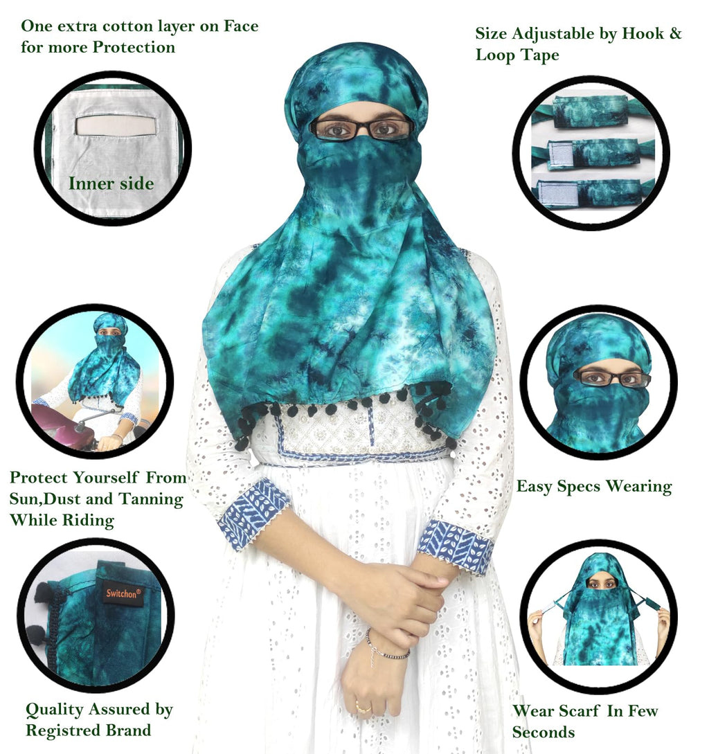 Switchon Rayon Female Tie Dye Innovative Scarf For Women With Closer 3 Inch Hook And Loop Tape Size Adjustable (Green)