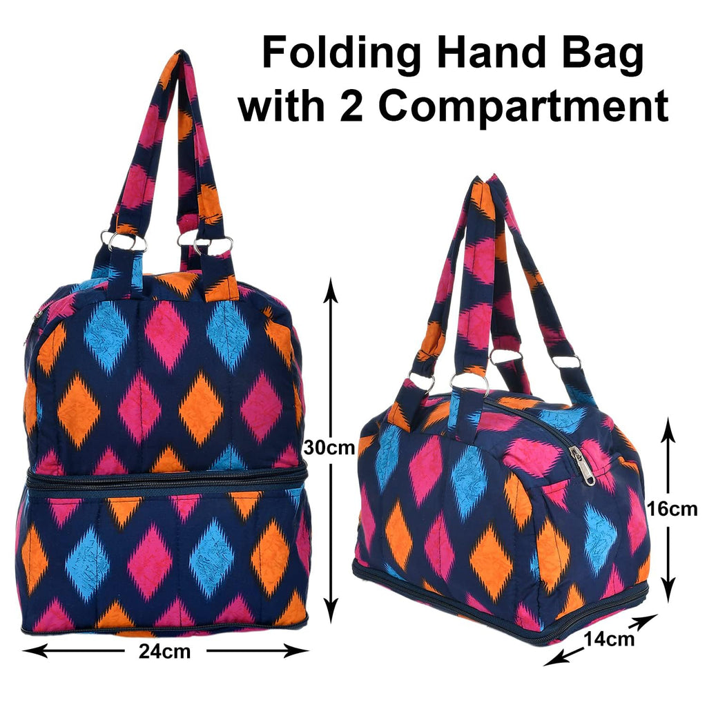 Kuber Industries Hand Bag | Cotton Folding Storage Bag | Zig Zag Print Storage Shopping Bag | 2 Compartment Toiletry Bag with Handle | Blue