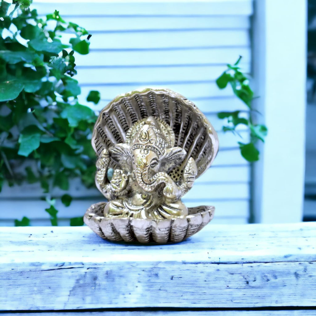 KridayKraft Aluminium Pure Brass | Mandir Ganesh Idol for Desk, Car, and Home Dcor | Yellow Antique Finish