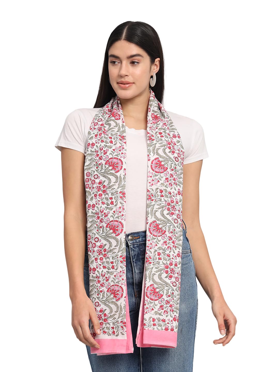 Ravaiyaa - Attitude is everything Female Cotton Women Off White & Pink Hand Block Floral Printed Scarf 71 X 21 Inch