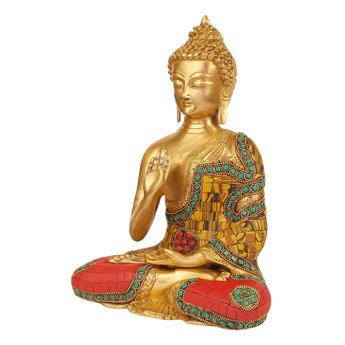 Svarup Brass Gautam Buddha Idol Statue Murti Draped in Stone Embellished Shawl for Home Decoration Blessing Buddha Height 10 Inch Weight 3.6 Kg Color Multicolor