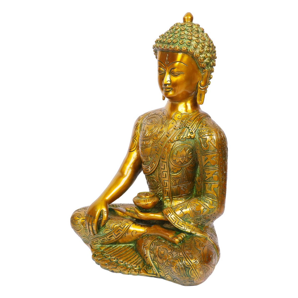 Svarup Brass Buddha Idol in Bhumisparsha Mudra Statue Tibetan Buddhist Décor Height 12 Inch Weight 6 Kg Color Golden Green