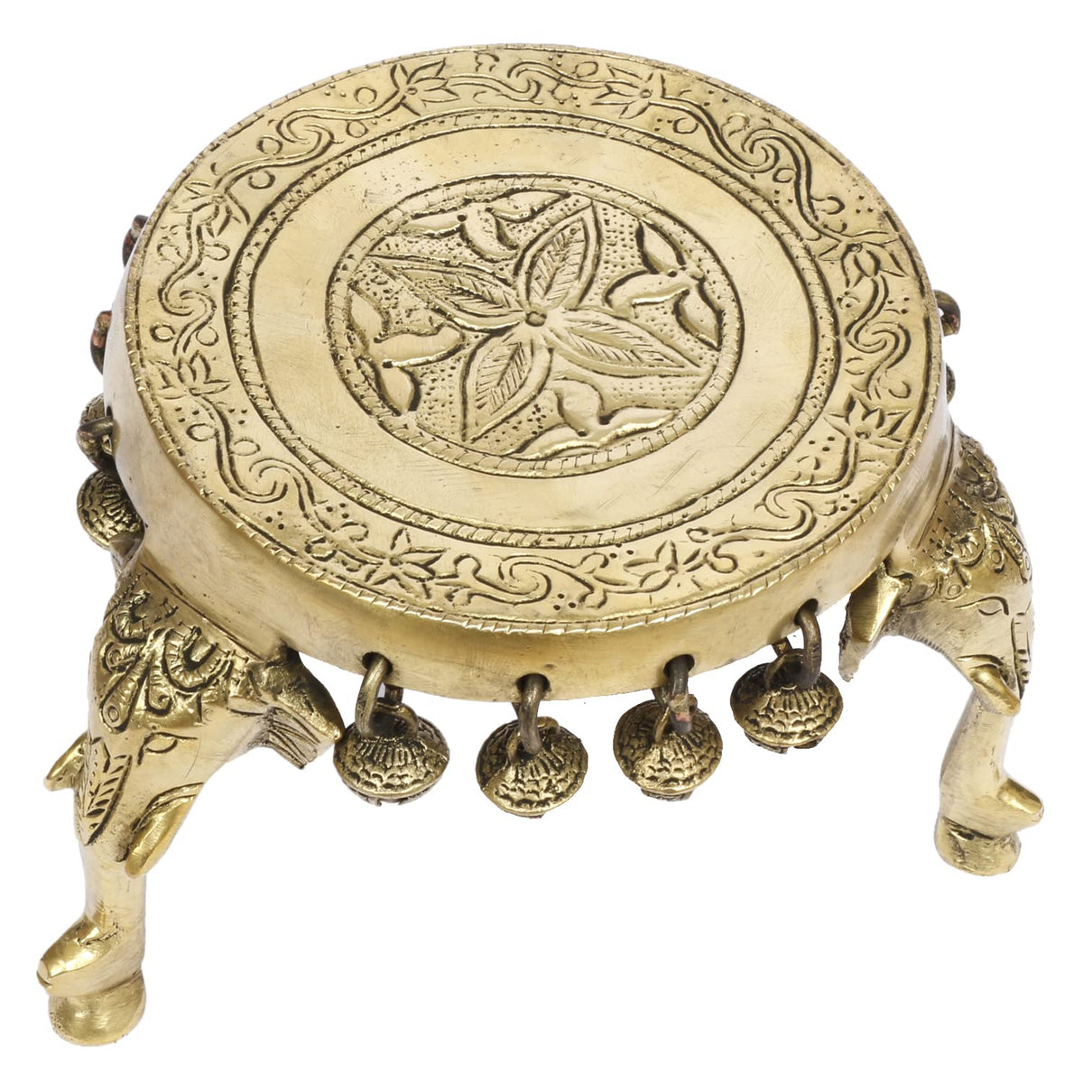 Artvarko Elephant Pillars Design Pooja Brass Chowki Round Table with Hanging Bells 5 Inch