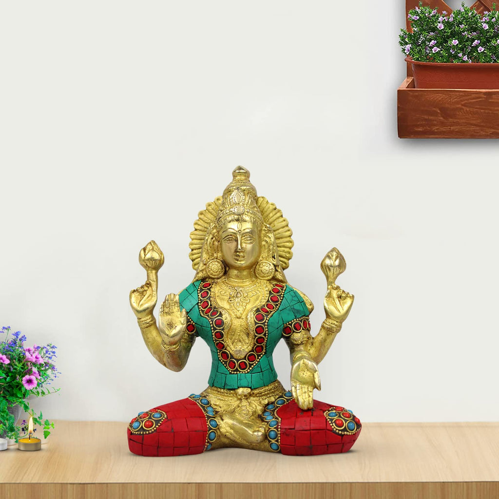 ARTVARKO Goddess Maa Laxmi Idol Lakshmi Brass Multicolor Gemstone Handwork Luxmi Murti Statue for Home Puja Mandir Temple Height 7.5 Inches