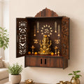 The Castle Decor Wooden Mandir for Home, Wall Hanging & Tabletop Pooja Temple with Double Doors, Om & Lotus Cutwork, Storage Cabinet, Dark Walnut MDF for Pooja Room, 10.6 x 20 x 16.7 Inch (Design-7)