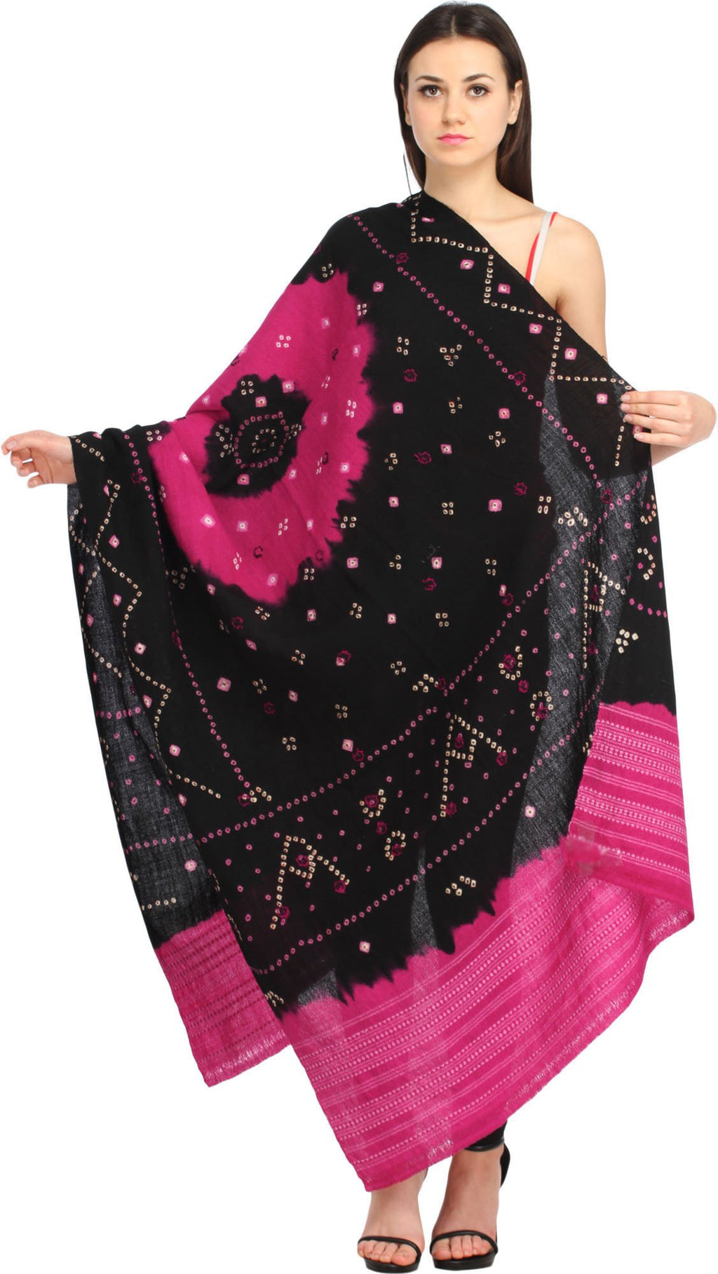 Exotic India Women's Bandhani Tie-Dye from Kutch with Embroidered Mirrors Pure Wool Shawl (SWG08--black-and-carmine)