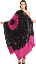 Exotic India Women's Bandhani Tie-Dye from Kutch with Embroidered Mirrors Pure Wool Shawl (SWG08--black-and-carmine)