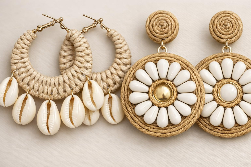 TR HAUTE Handmade Boho Cowrie Shell Earrings combo set of 2 for women and girl, Natural White and Jute, Macrame Woven Design, Beach Style Statement Jewelry, trandy, trending, bohemian Korean earring.