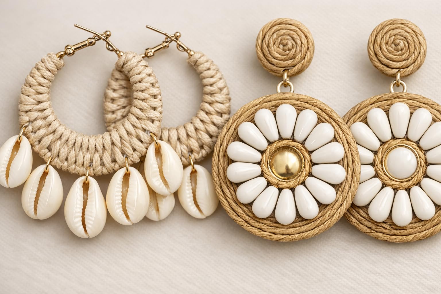 TR HAUTE Handmade Boho Cowrie Shell Earrings combo set of 2 for women and girl, Natural White and Jute, Macrame Woven Design, Beach Style Statement Jewelry, trandy, trending, bohemian Korean earring.