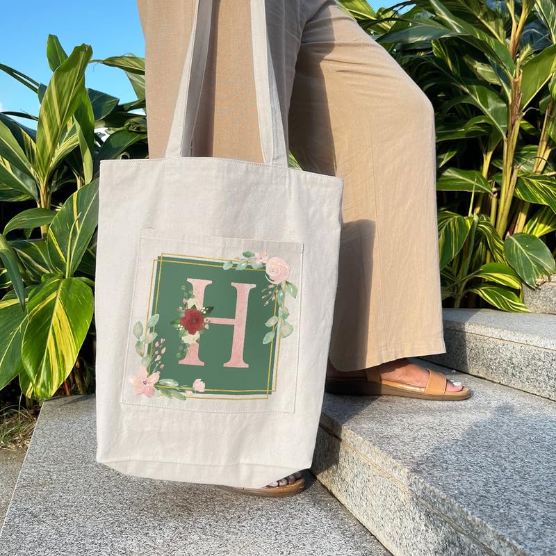 Zoomin Spacious Cotton Tote Bag with Zip Closure and Double Inner Pockets | Soft Fabric Shopping Bag with 60cm Long Handle | Multipurpose For Travel or Daily Essentials (Design - Bouquet Monogram H)