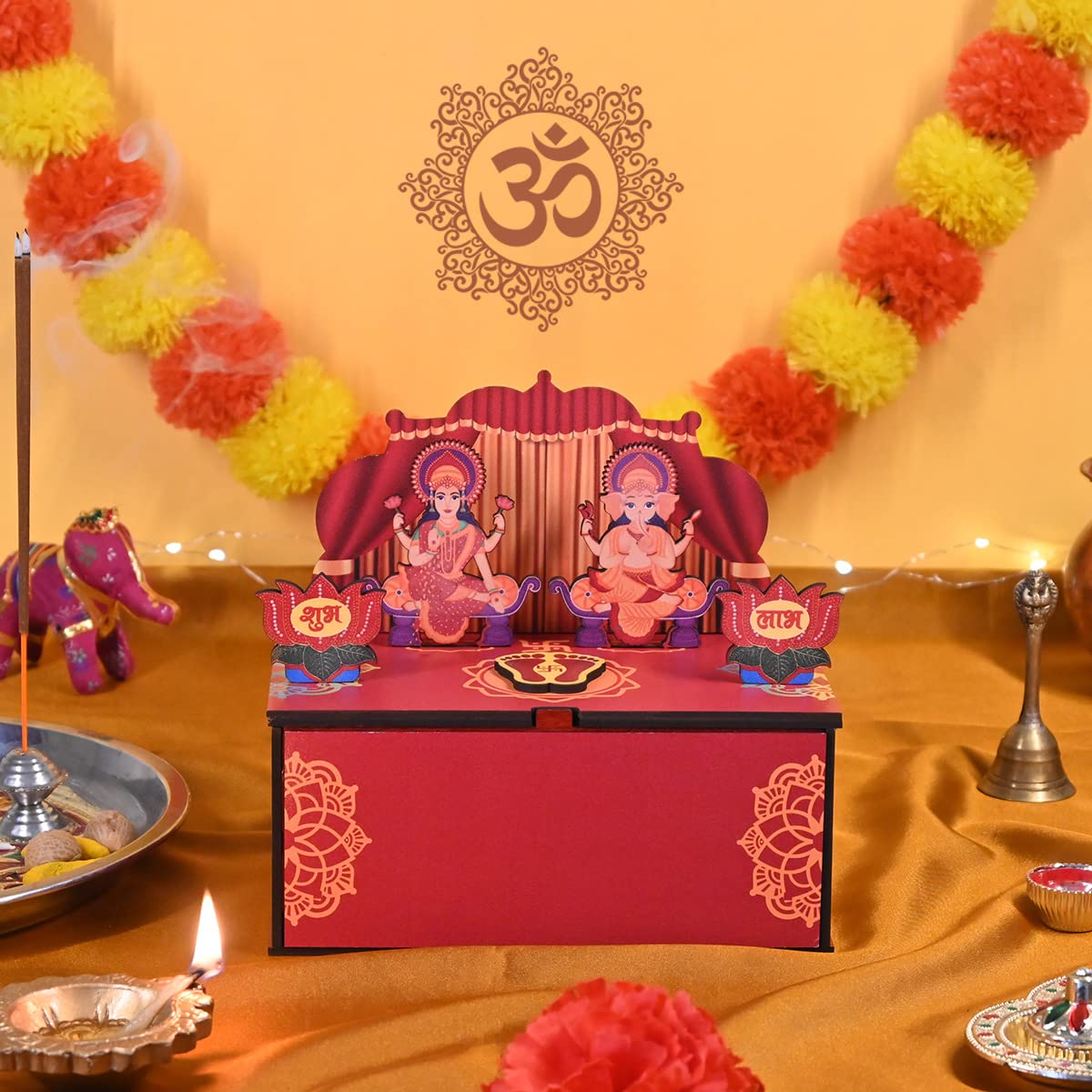 GKD Gift Hamper Special Mini Mandir with Pooja Samagri & 2 Diya's/Wooden Gift Box with Storage DIY Temple Traditional Design with Space, Hanging Mandir (Color Big Size)