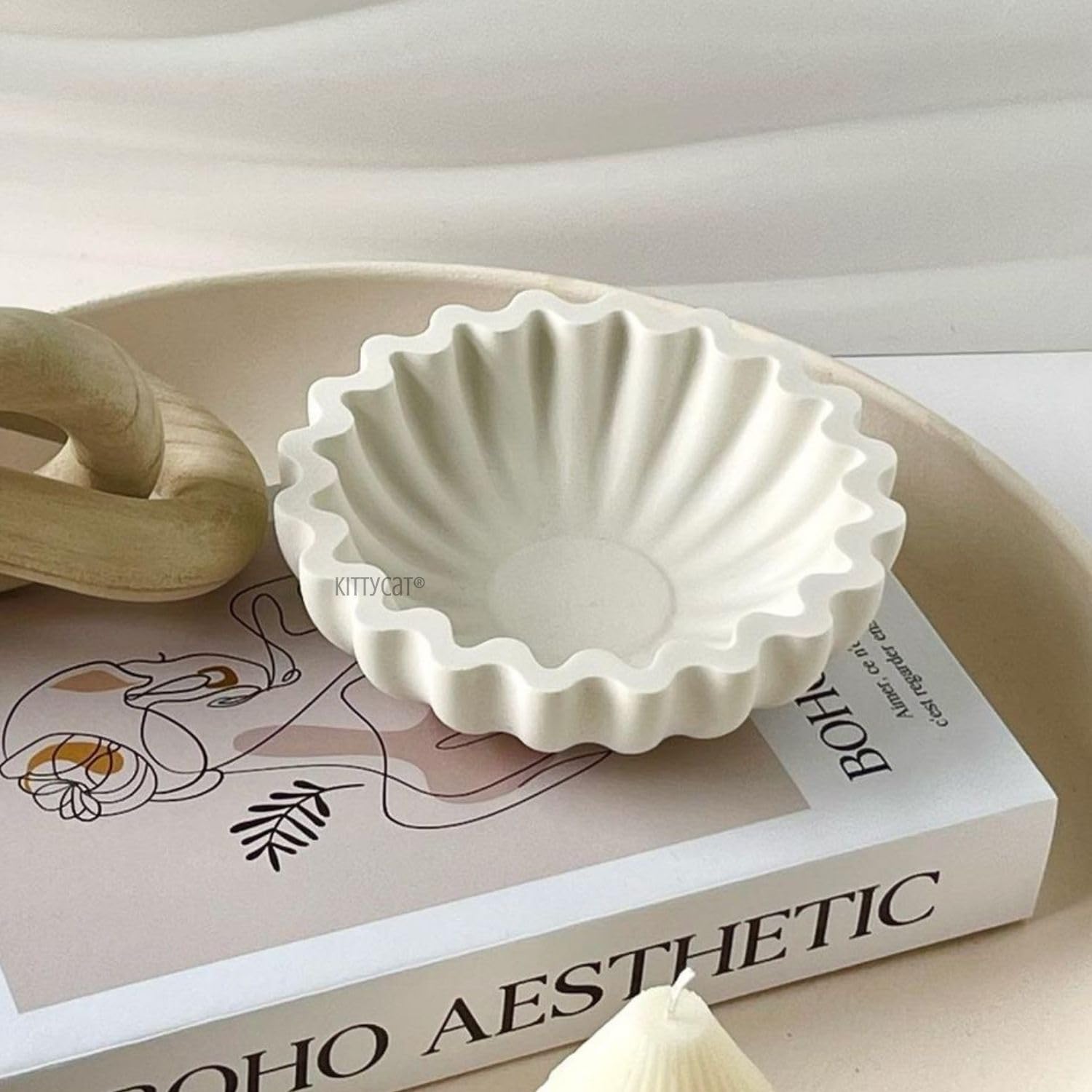 Kittycat® Handmade Aesthetic Fluted Trinket Tray Bowl | Minimalist Jewellery & Ring Holder | Multipurpose Candle Jar, Soap Dish & Vanity Organizer | Modern Home Decor Gift (Off-White)