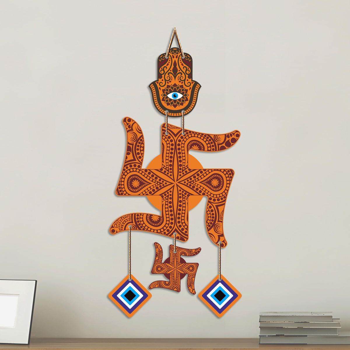 Artvibes Traditional Swastik Wall Hanging with Hamsa Hand & Evil Eye Charms | Wooden Vastu Decor for Home Entrance | Temple | Spiritual Hanging for Prosperity | Protection and Good Luck (WH_85104N)