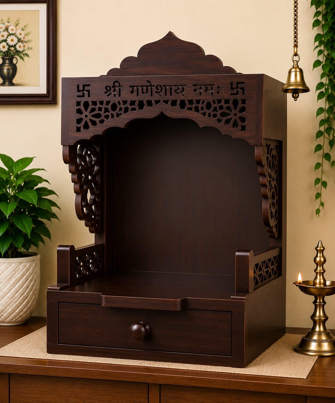 Wooden Pooja Mandir with Drawer, Shri Ganeshay Namah Carved Size 18x12