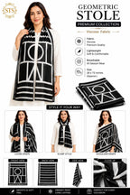 Women’s Black and White Geometory Pattern Print Border Scarf – Versatile Modest Hijab, Print Shawl/Stole for All Occasions
