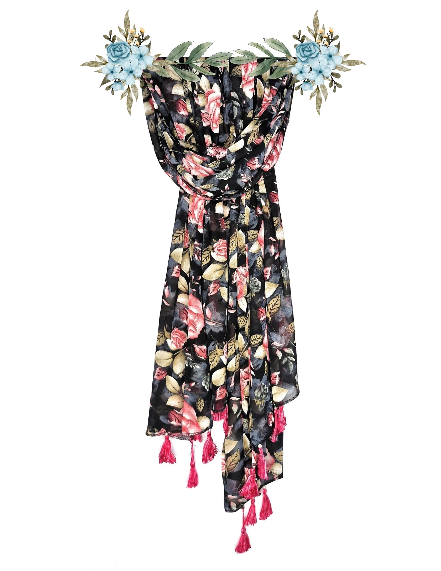 Chandwasia Fashion Floral Printed Scarf | Neck Shoulder Head Wrap Styling Dupatta Use | Polyester Chiffon Fabric Tassel Border Lightweight Soft Texture Pattern Women - Black/Pink