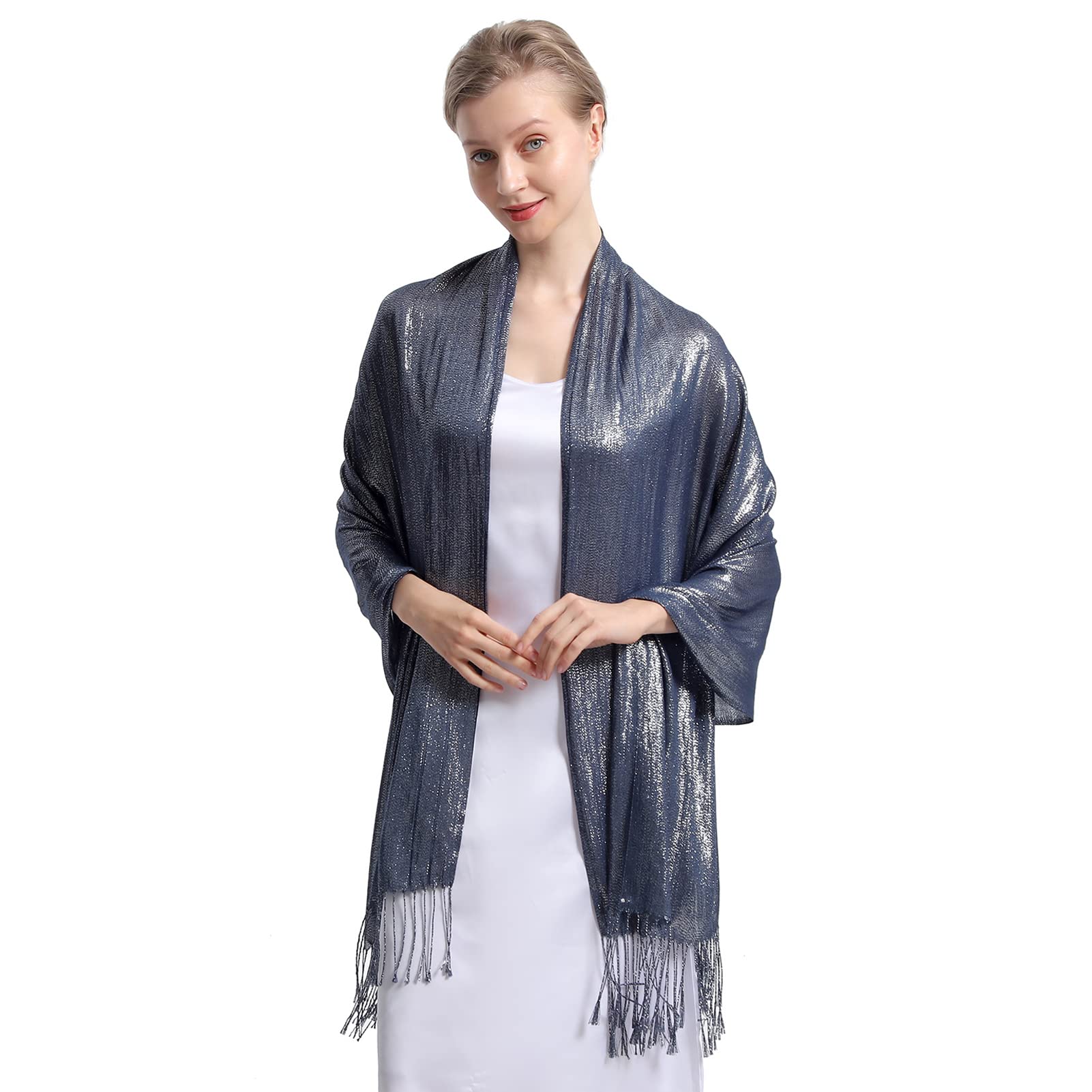 RonFoxi Sparkly Metallic Shawls and Wraps,Women's Glitter Pashmina Shawl Scarf forformal Evening Party Dresses, H-navy Silver, 29*79