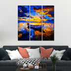 VIBECRAFTS 3 Pieces Beautiful Sunset & Boat Canvas Wall Painting Fitted With Wooden Frame For Home | Office | Living Room | Gifts (PTVC3Pcs1_9525)