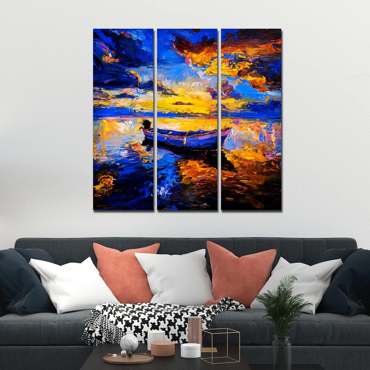 VIBECRAFTS 3 Pieces Beautiful Sunset & Boat Canvas Wall Painting Fitted With Wooden Frame For Home | Office | Living Room | Gifts (PTVC3Pcs1_9525)